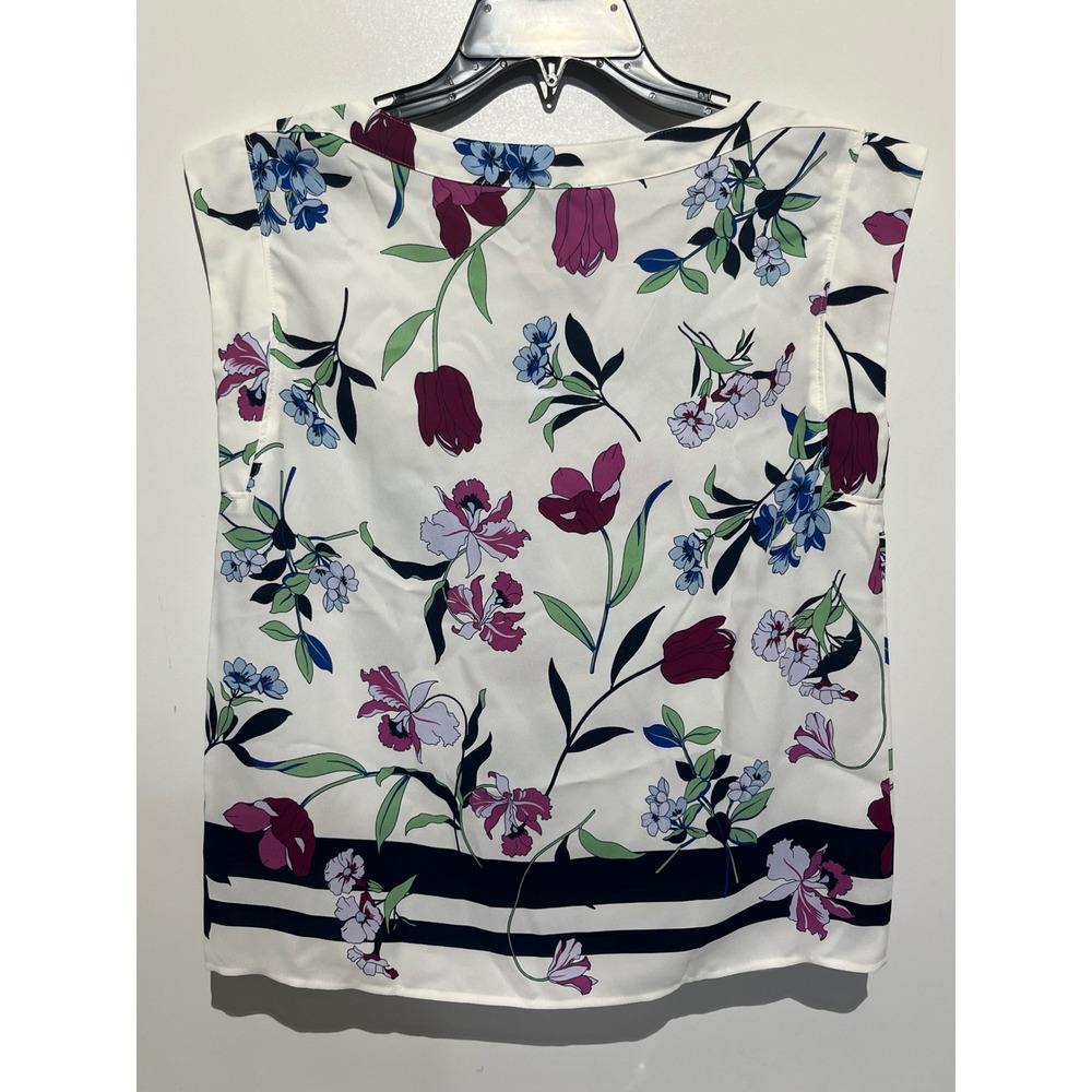 Ann Taylor Factory Petite XXSP Floral Sleeveless Blouse White Purple Blue Tulip